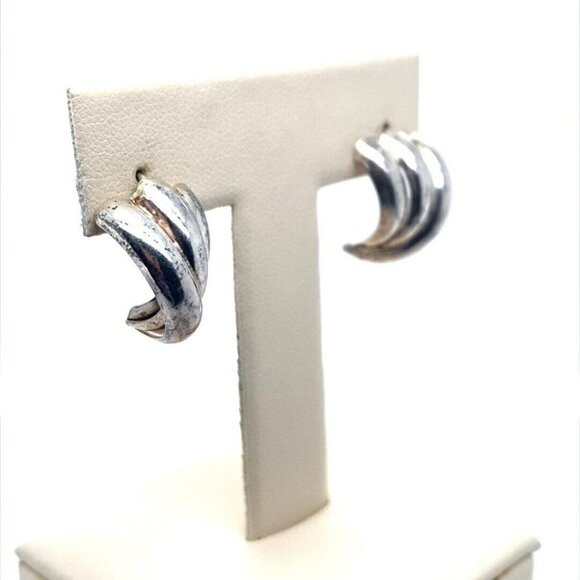 Estate Sterling Silver Half‎ Hoop Fan Design Pierced Post Earrings! 141 - Picture 2 of 9